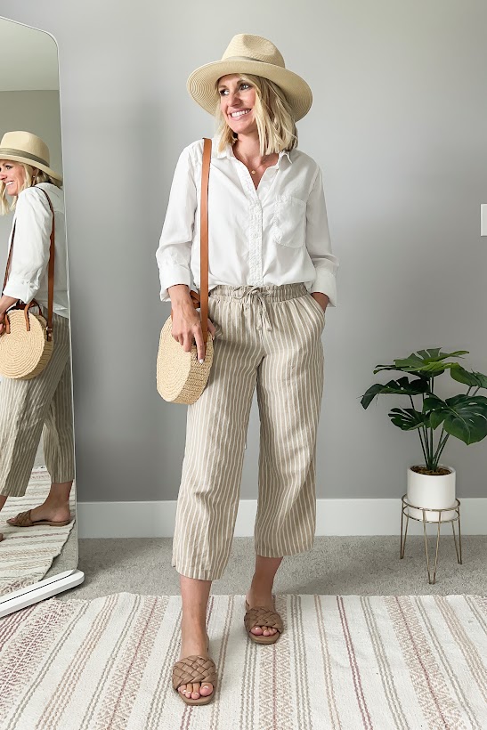Linen pants and a white button down shirt