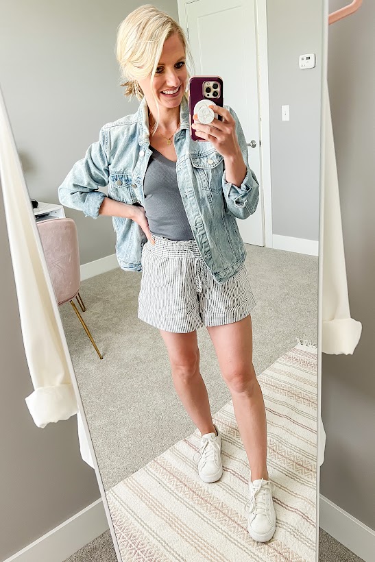 linen shorts and denim jacket