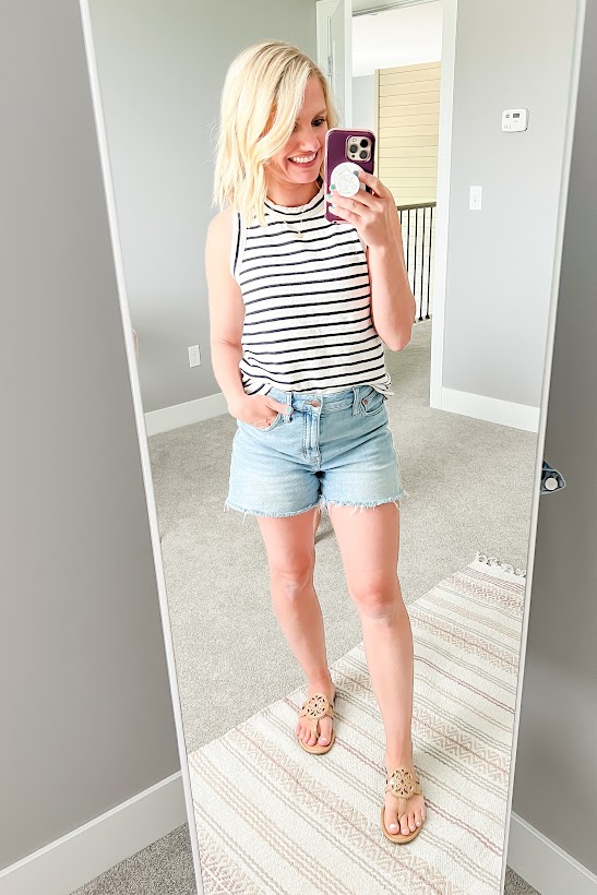 striped tank top and jean shorts