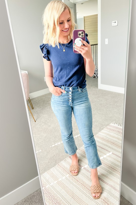 blue ruffled sleeve top