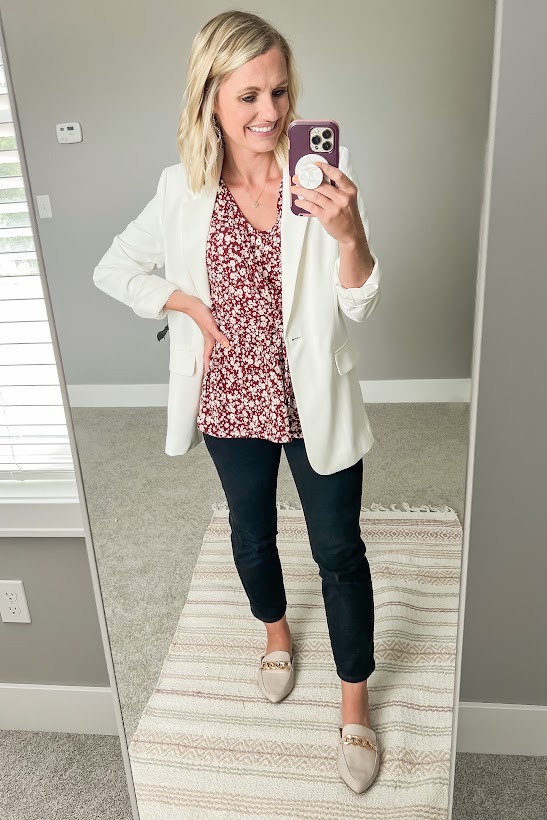 Peplum shirt with blazer and black pants