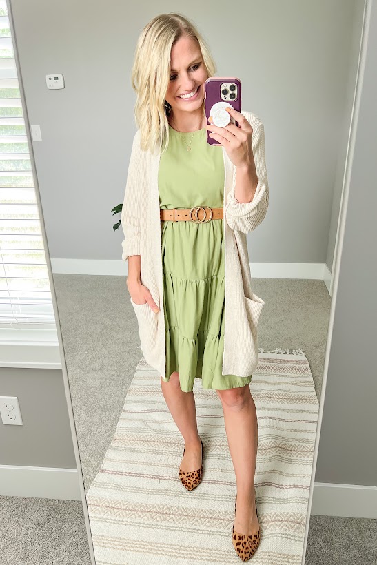 Green ruffle dress with cardigan