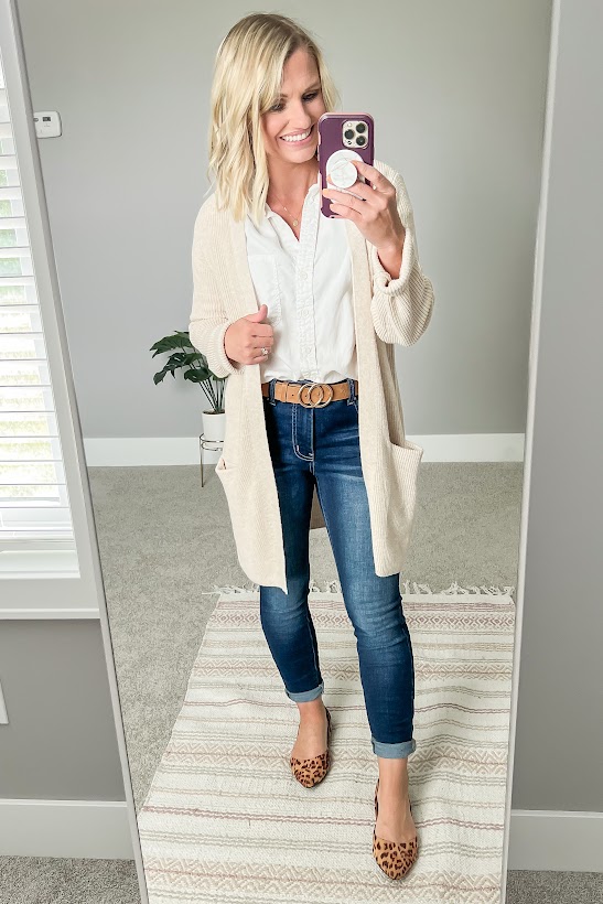 Jeans with a button down shirt and cardigan