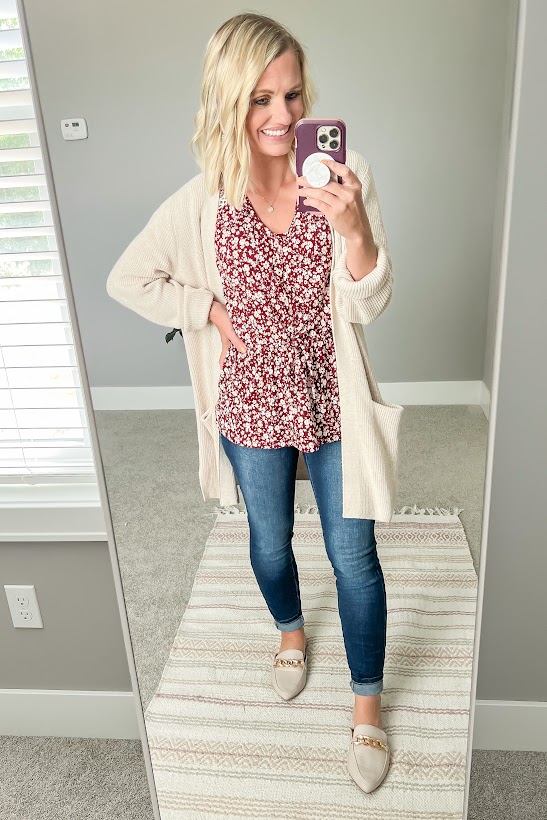 Floral peplum top with jeans