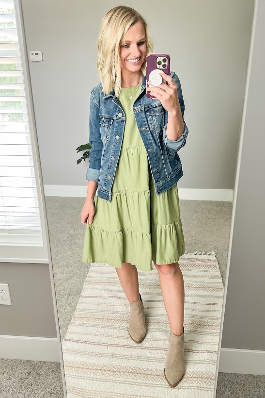 Green dress with a denim jacket