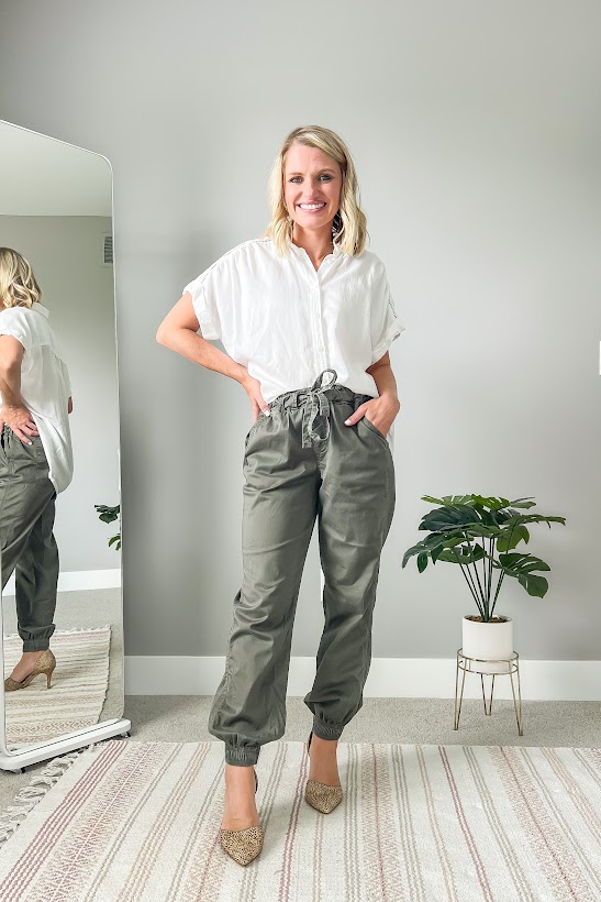 joggers as workwear with a white blouse