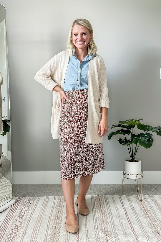 printed skirt with a chambray shirt and cardigan