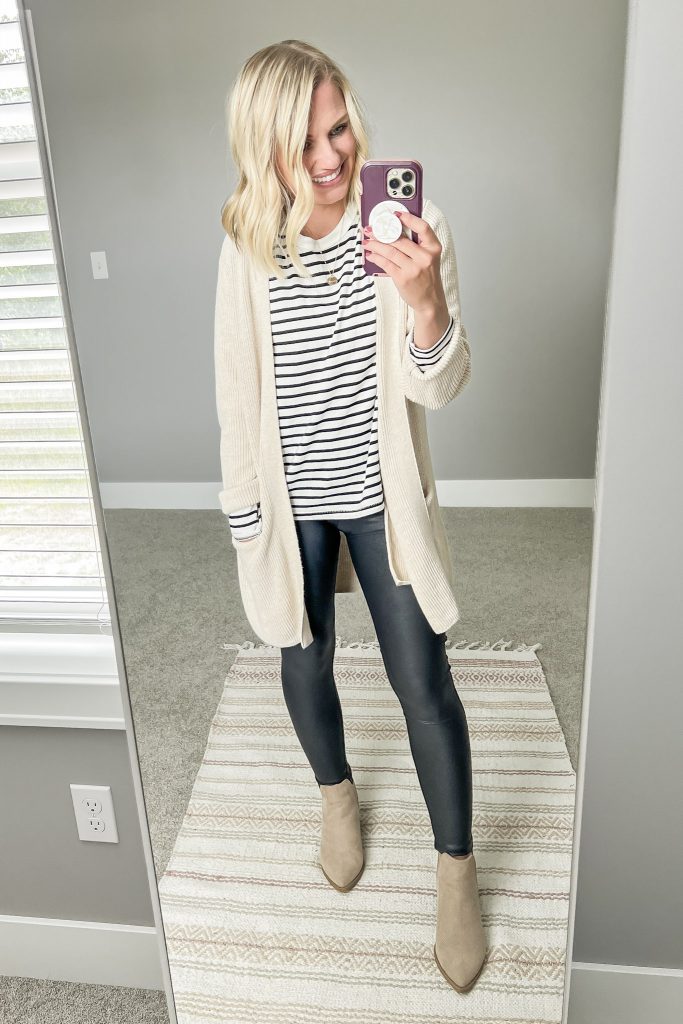 striped t-shirt with leggings and cardigan