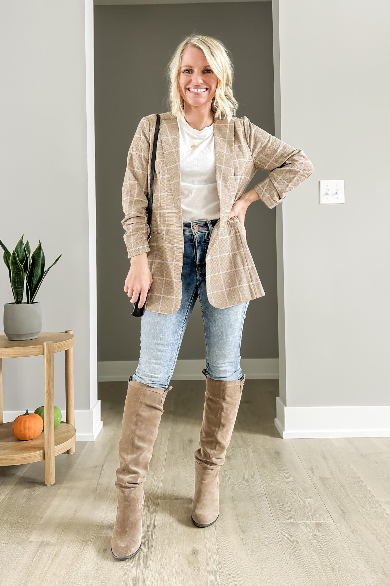 How to wear tall boots- blazer and jeans