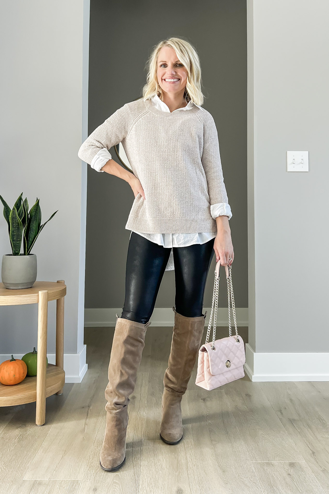 How to wear tall boots- button down layer 1