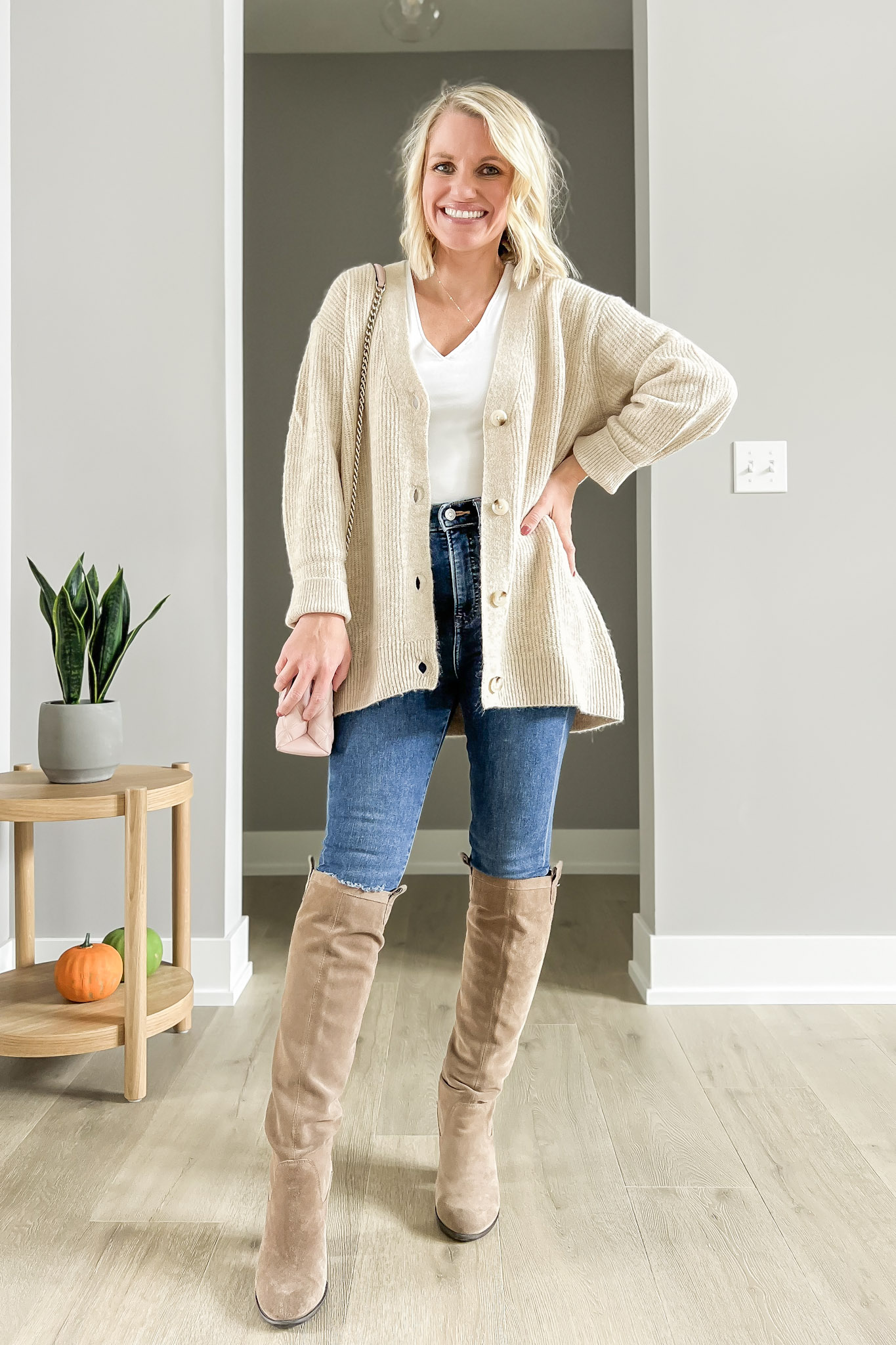 How to wear tall boots- cardigan