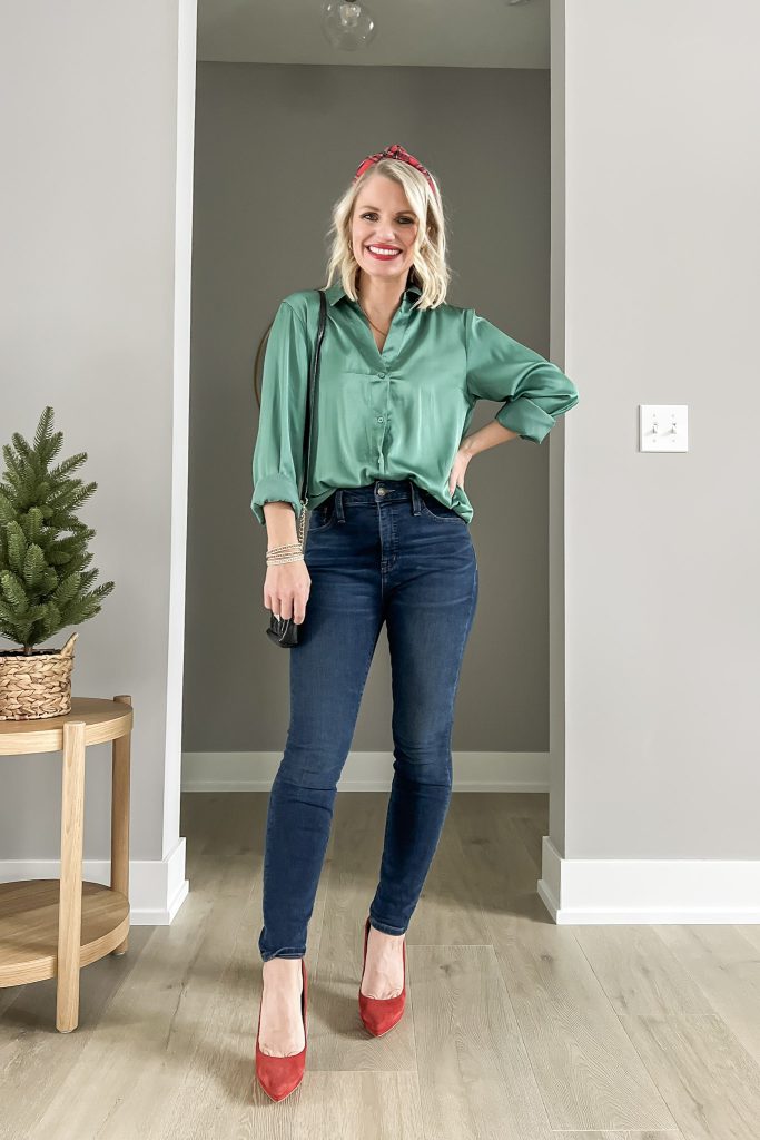 How to Wear a Green Satin Shirt For The Holidays - Thrifty Wife Happy Life