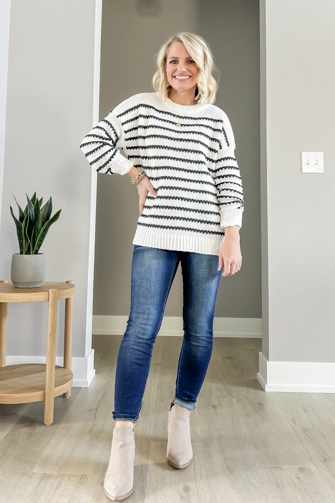 striped sweater with skinny jeans