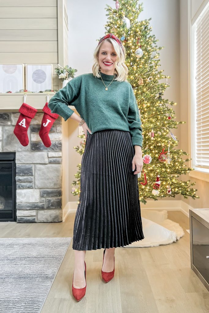 Pleated skirt clearance and sweater outfit