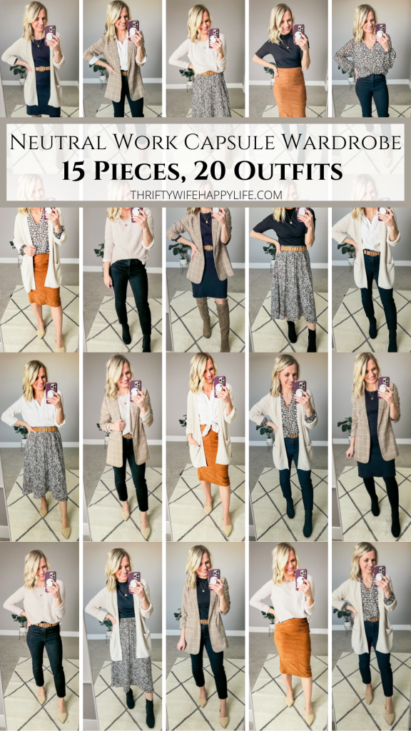 Neutral Work Winter Capsule Wardrobe: 15 Pieces, 20 Outfits - Thrifty Wife  Happy Life