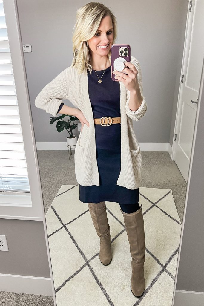 Black dress with tan cardigan.