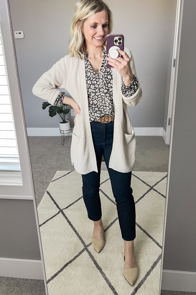 Leopard blouse with tan cardigan. 