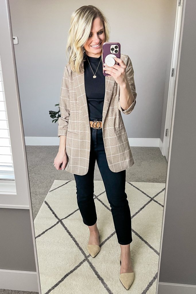 All black outfit with tan plaid blazer.