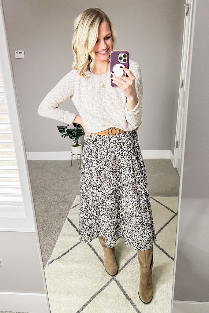 Leopard pleated skirt with a sweater.