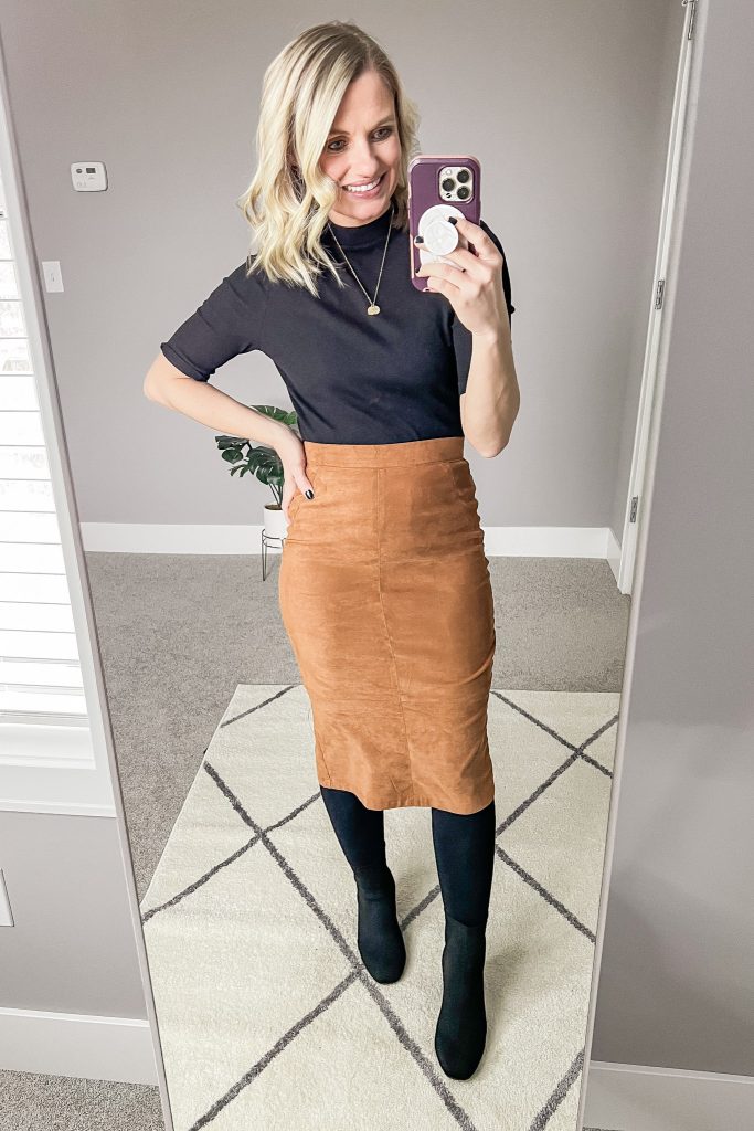 Faux suede pencil skirt with a black turtleneck. 