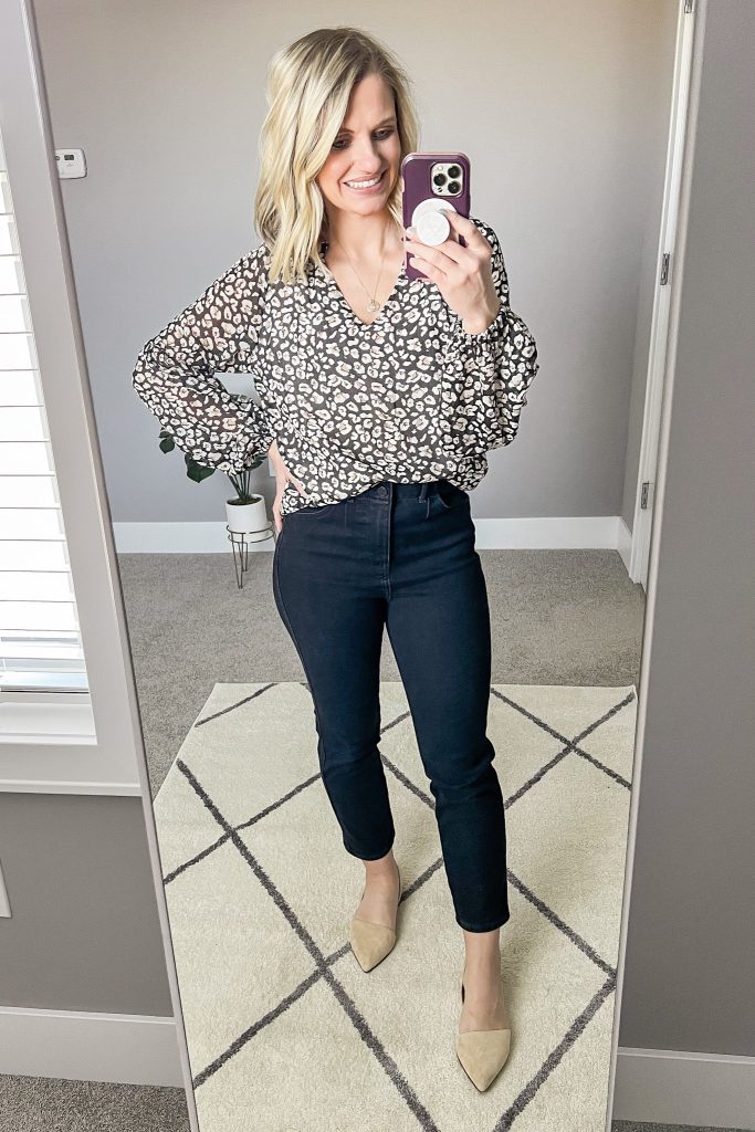 Leopard blouse with black pants. 