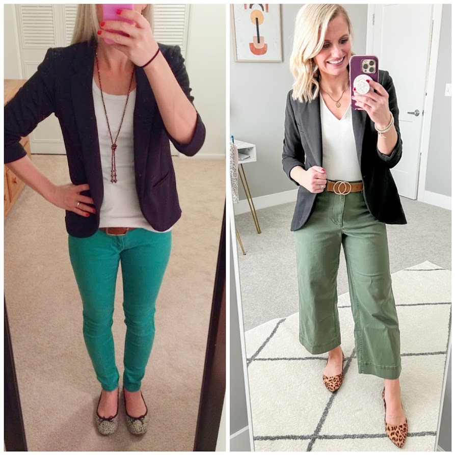 What I wore then vs. What I wore now.  Updating this green skinny jean look with a modern pair of wide leg pants. 