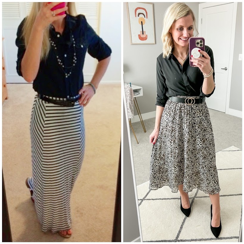 What I wore now vs. what I wore then.  Updating a maxi skirt with a pleated leopard skirt. 