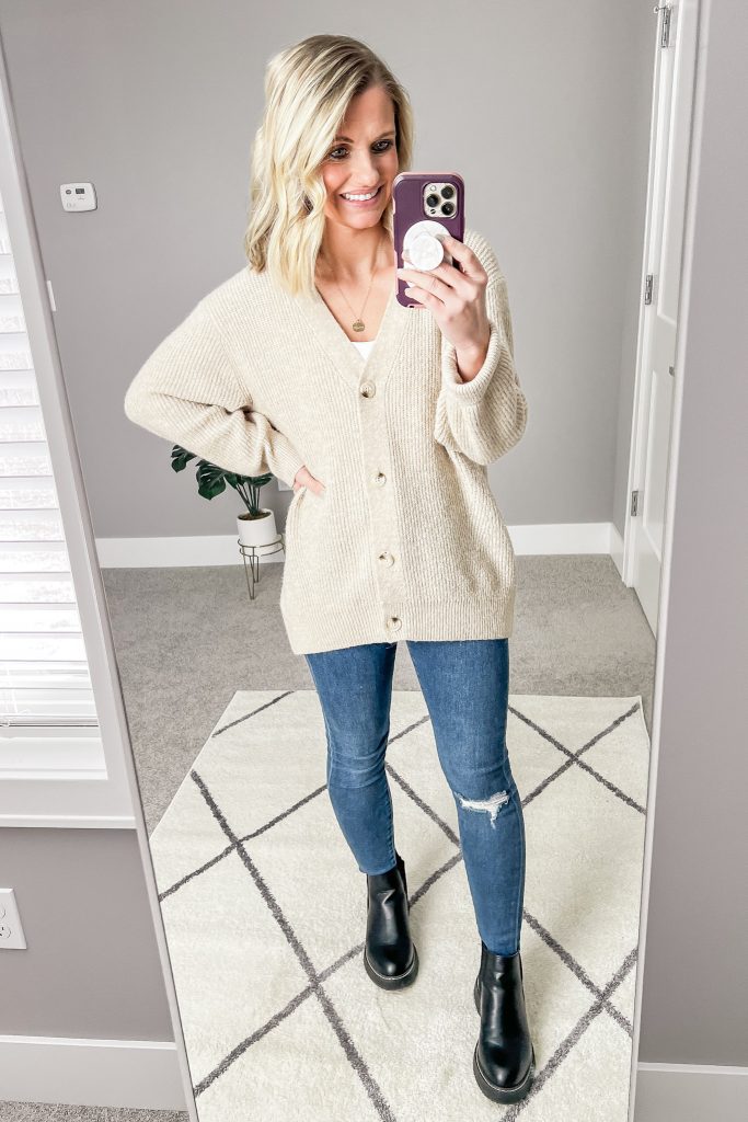 Cardigan with jeans and Chelsea boots