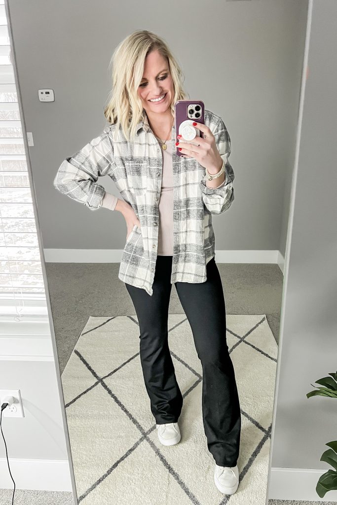 Flare leggings with flannel shirt