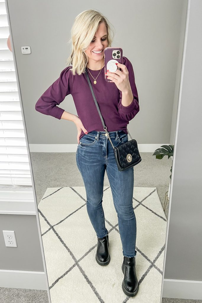 plum sweater with jeggings