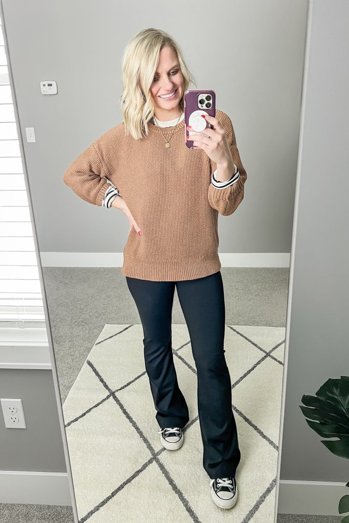 camel sweater with flare leggings