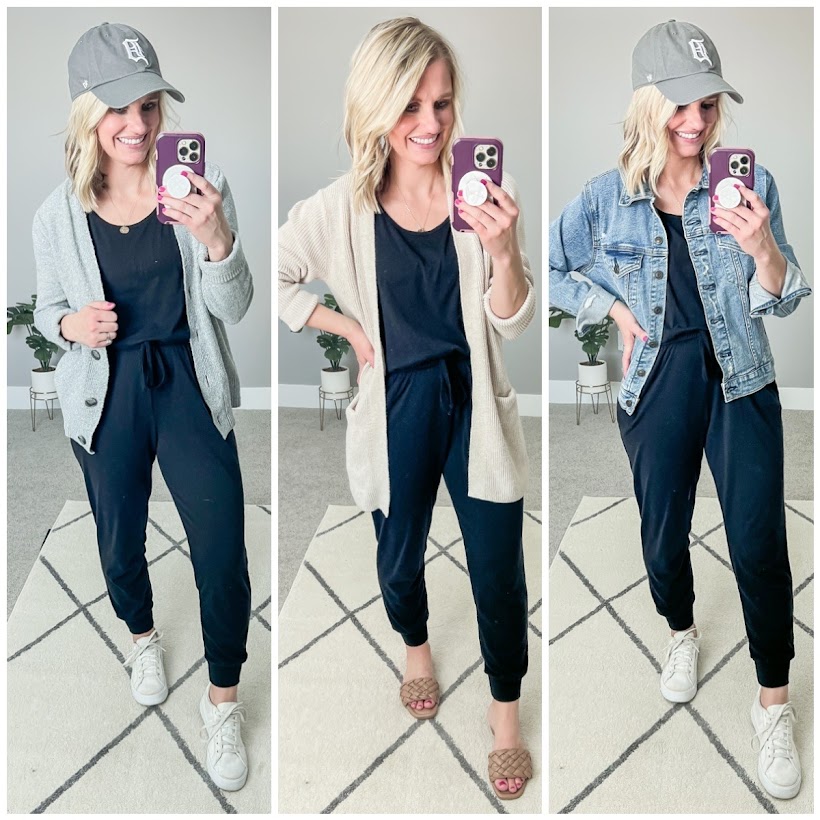 Black jumpsuit styled 3 ways for spring capsule wardrobe.