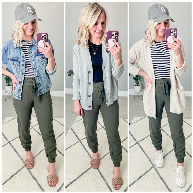Green joggers styled 3 ways from mom-friendly spring capsule wardrobe. 
