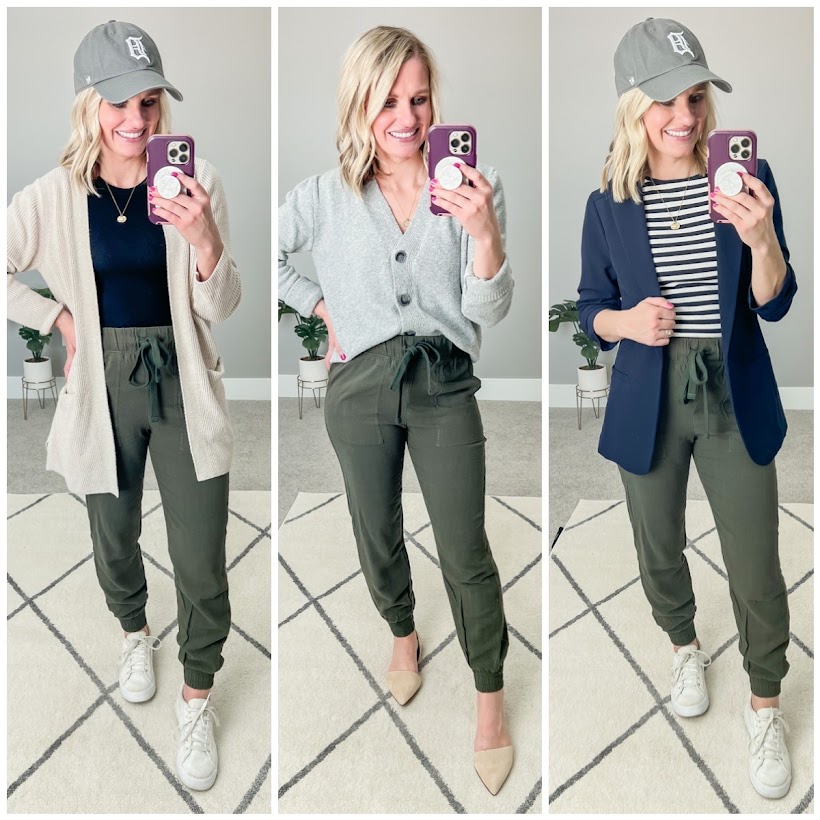 3 ways to style green joggers for spring capsule wardrobe 2023