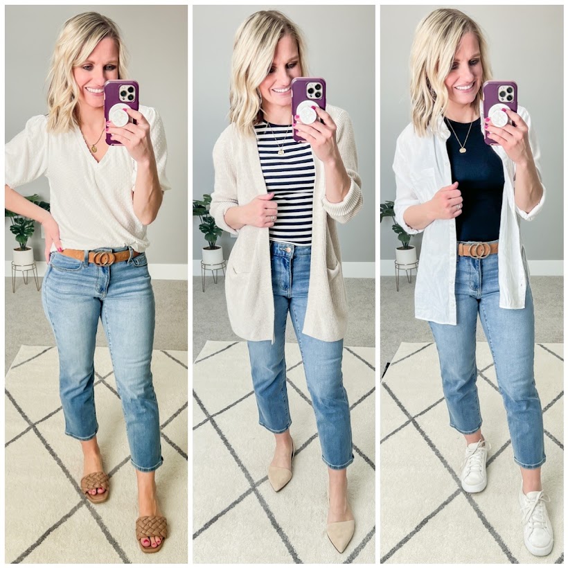 3 ways to style slim-straight-leg jeans for spring capsule wardrobe.