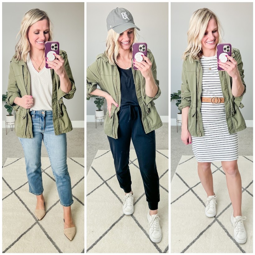 3 ways to style a green utility jacket for spring. 