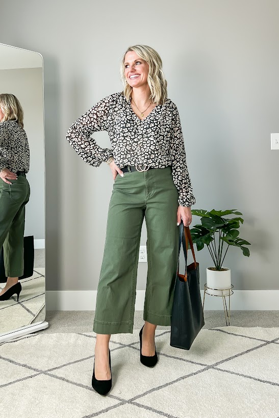 Blouse with olive green pants