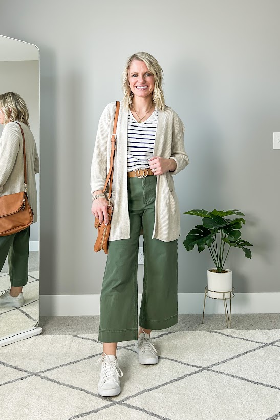 Cardigan with white sneakers and olive green pants. 