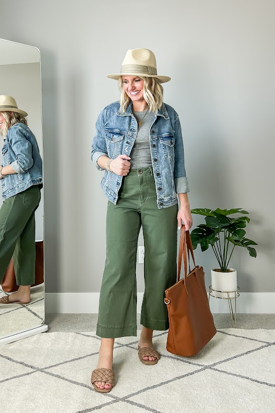 Jean jacket with olive green pants. 