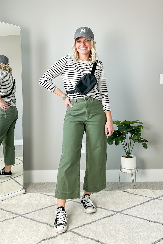 Striped shirt with olive green pants