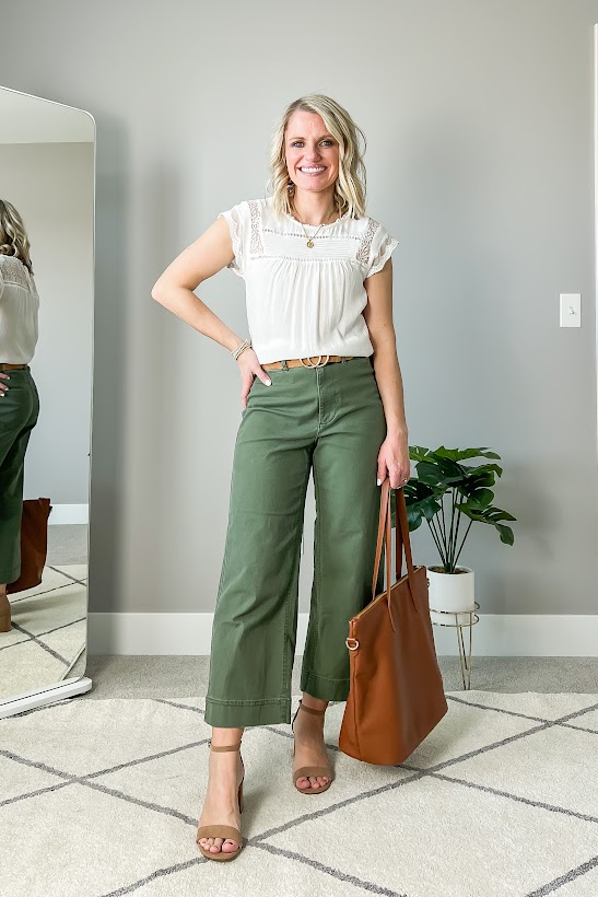 how to wear olive green pants white blouse