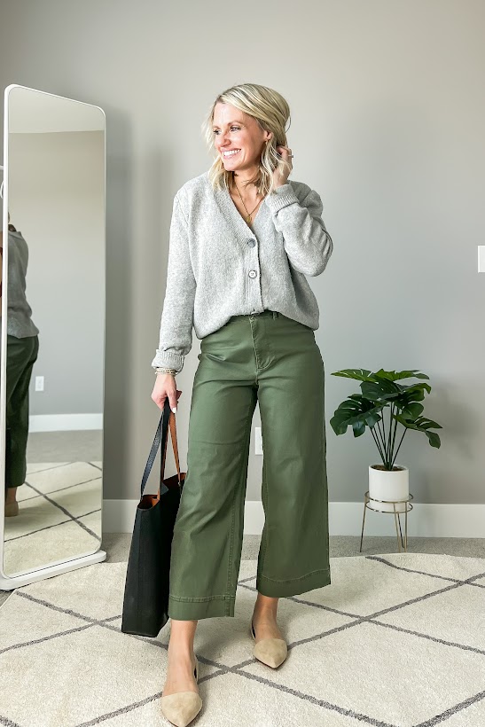 Cardigan with olive green pants