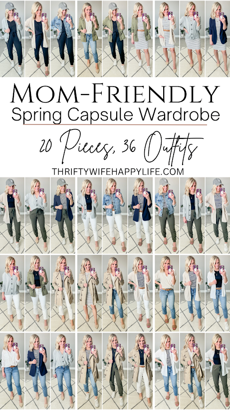 Mom-friendly spring capsule wardrobe-20 pieces, 36 outfits