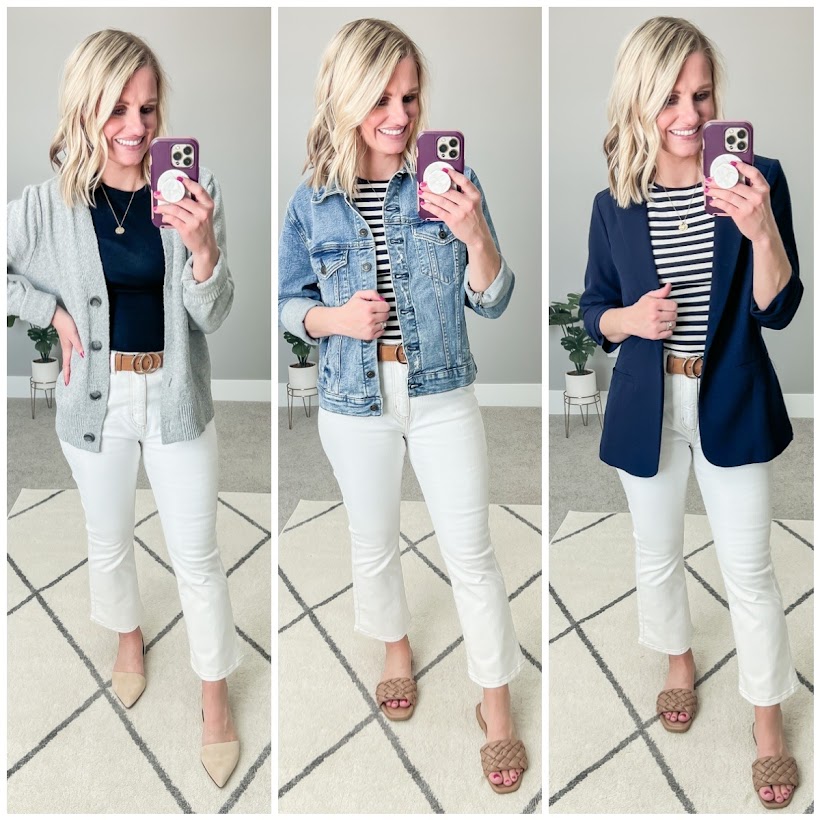 3 ways to style white jeans for spring capsule wardrobe. 