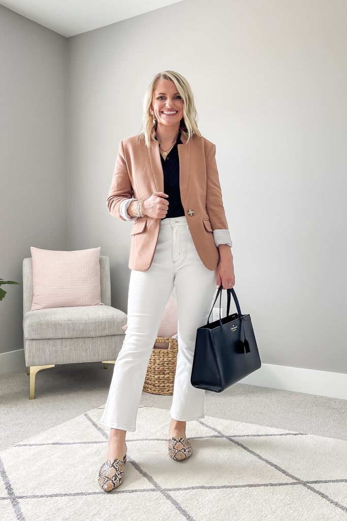 Tan blazer with white cropped flare pants