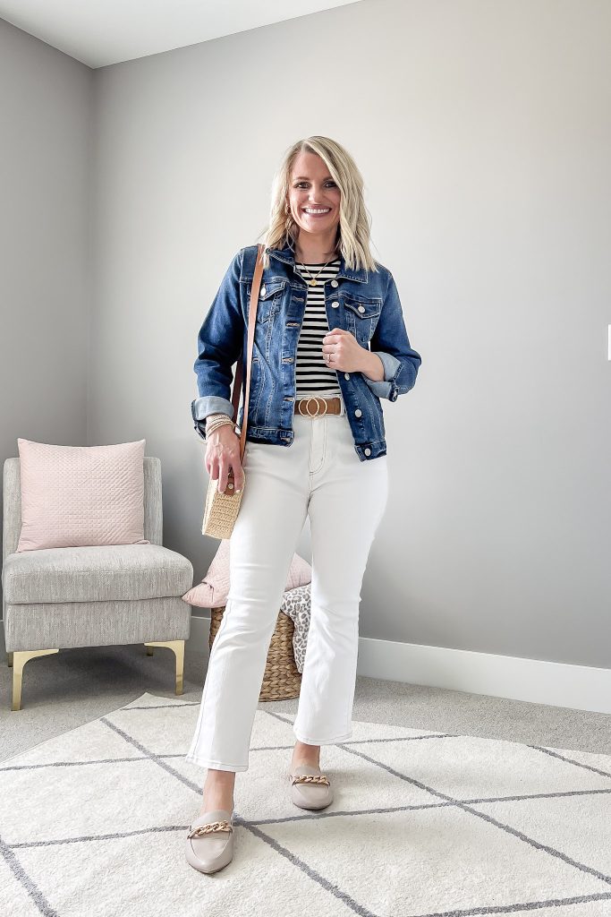 White cropped kick pants with a denim jacket