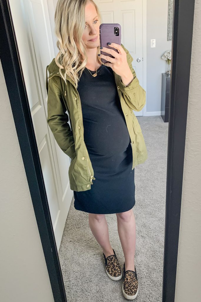 Black fitted maternity dress with a jacket- maternity wardrobe capsule.