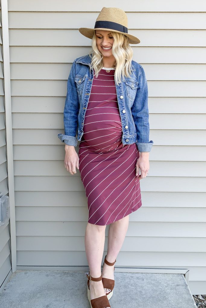 Fitted maternity dress with a denim jacket