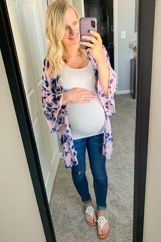 Maternity jeans with maternity tank top layered with a kimono. 