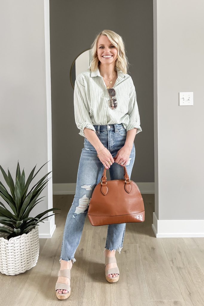 Thrifted Anthropologie green button-down shirt with distressed jeans 